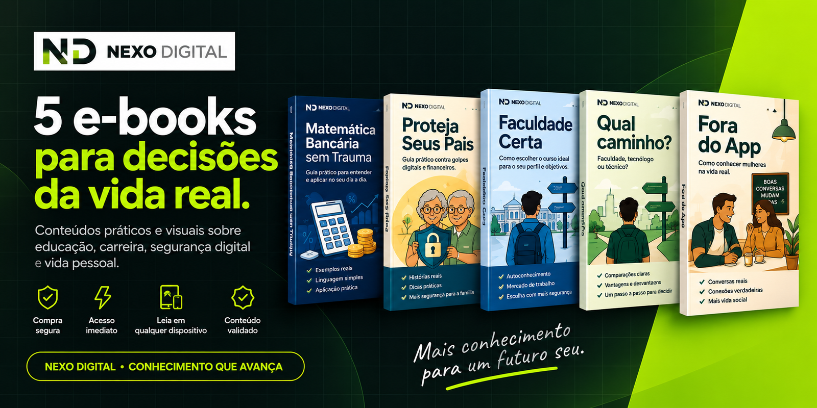 Coleção Nexo Digital com cinco e-books: Matemática Bancária, Proteja Seus Pais, Faculdade Certa, Qual Caminho e Fora do App